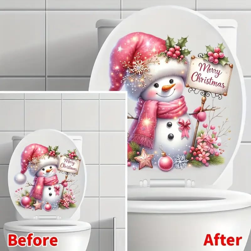 Adorable Snowman Christmas Toilet Cover Sticker Decals,Fish Bird Flower Leaf Waterproof Toilet Lid Tank Seat Decals Cistern Self-Adhesive Bathroom