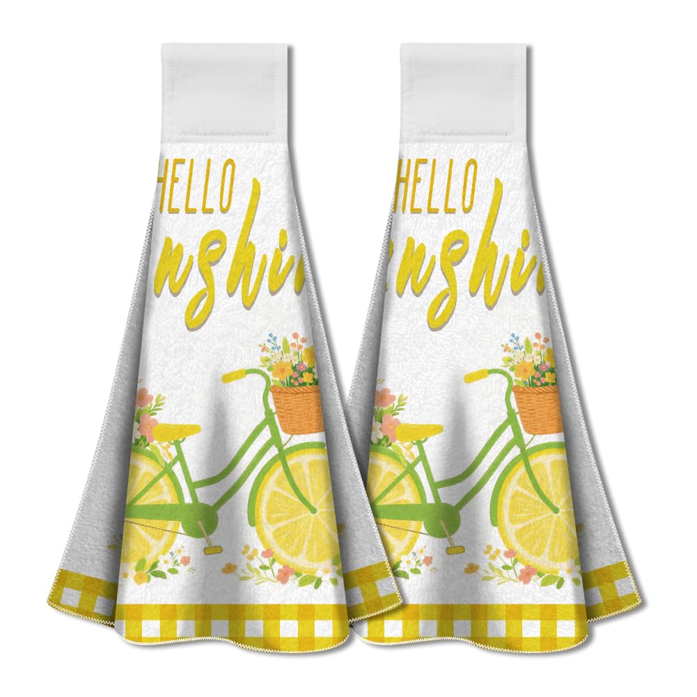 WADORN 2Pcs Lemon Bicycle Flowers Hand Towels with Hanging Loop, Soft Absorbent Bicycle Kitchen Towels Farmhouse Summer Decor Dish Cloths Set for