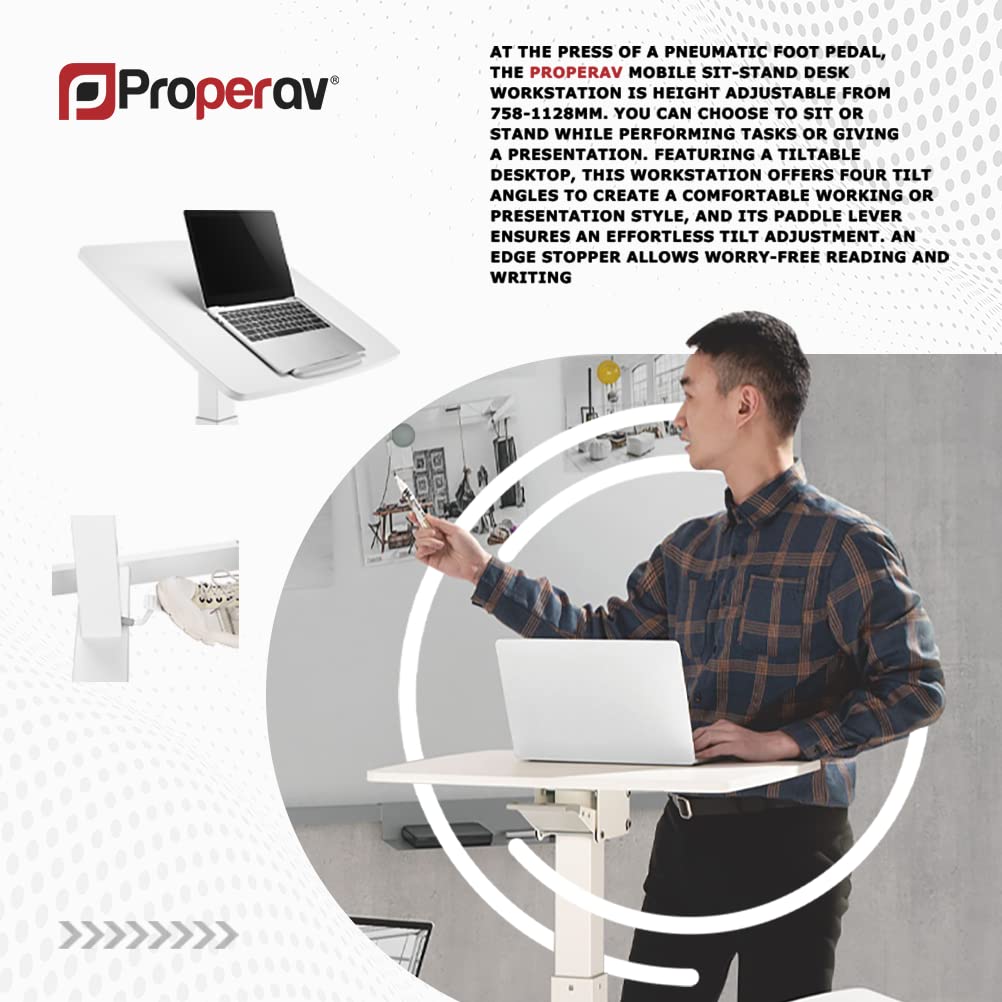 Properav Mobile Sit-Stand Tilting Desk Workstation 600x520mm Gas Spring Height Adjust 758-1128mm with Pedal for Windows & Mac Laptops inc Dell, BenQ