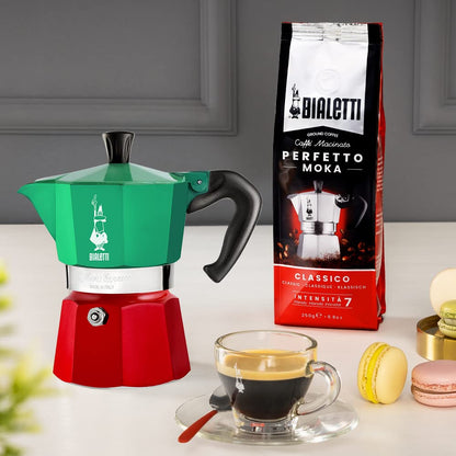 Bialetti Moka Express Italia Collection (Tricolor), 3 cup coffee maker, Aluminum, Green/Red