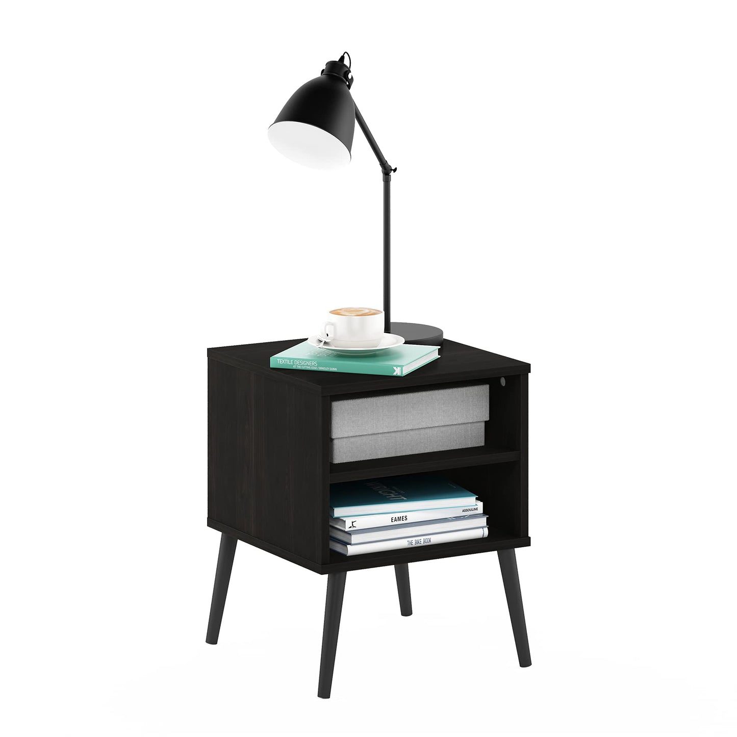 Furinno CLAUDE Side Table, 2-Tier Square End Table with Wooden Legs, Open Shelf Night Stand, Bedside Table, for Living Room, Bedroom, Espresso
