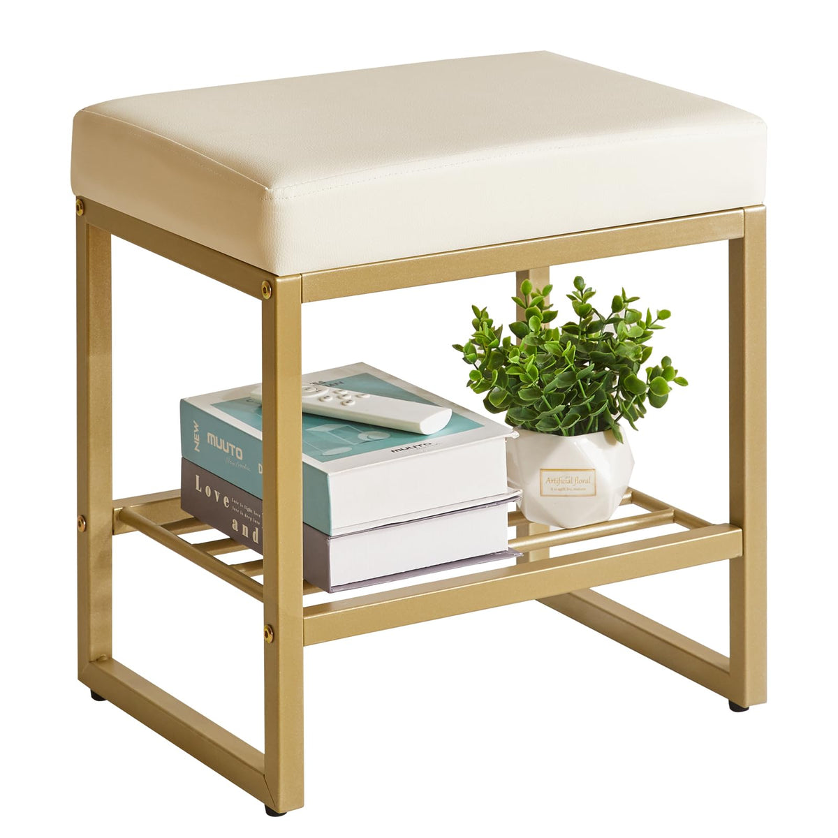 Aibiju Square Dressing Table Stool, Vanity Chair Stool with Adjustable Feet and Storage Space, Small Makeup Stool Bench for Vanity, Bedroom