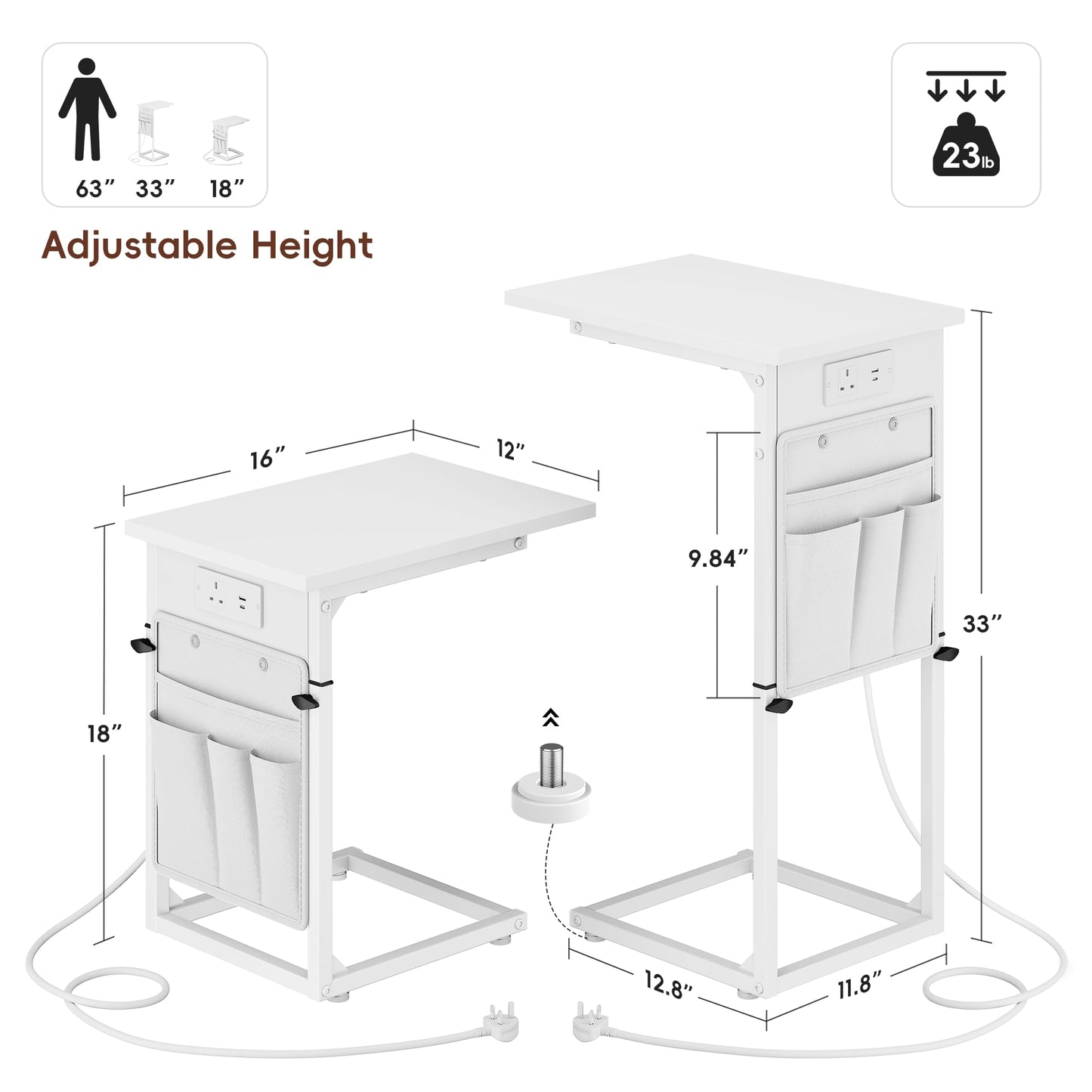 Vagusicc C-Shaped Side Table with Charging Station, Height Adjustable Sofa Side Table, Bedside Table, End Table for Small Spaces