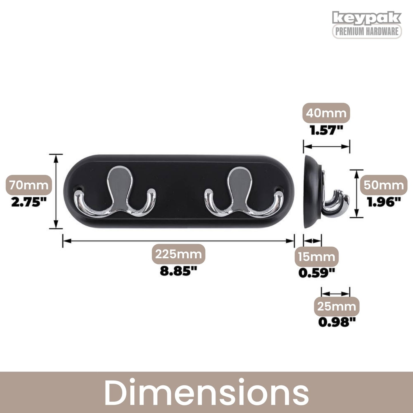 keypak Wall Mounted Robe Coat Rack with 2 Black Double Hooks