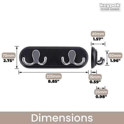 keypak Wall Mounted Robe Coat Rack with 2 Black Double Hooks
