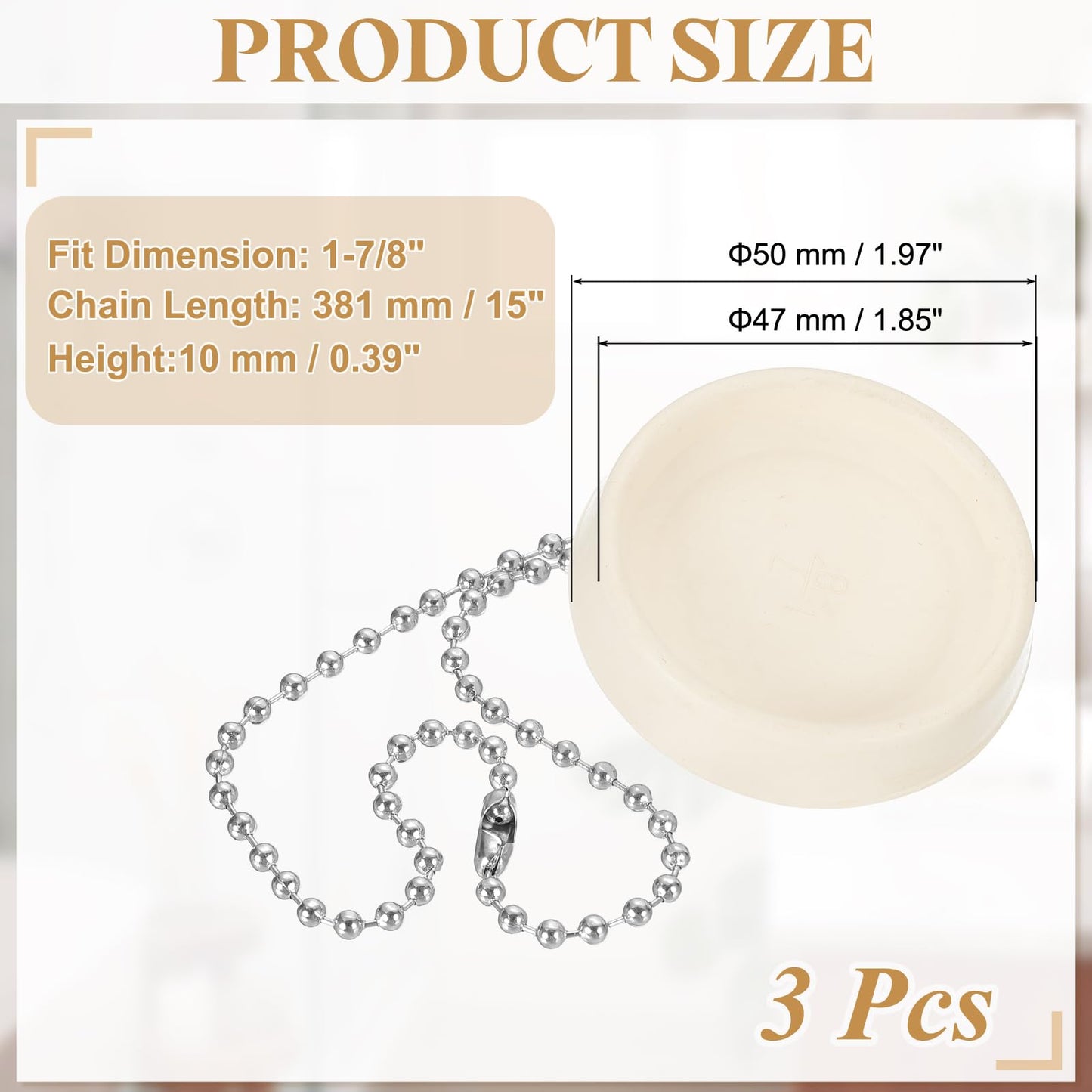 PATIKIL Tub Drain Stopper, 3Pcs for 1-7/8" Rubber Bath Tub Drain Sink Stopper with Pull Ring Stainless Steel Beaded Chain for Kitchen Sink Bathroom