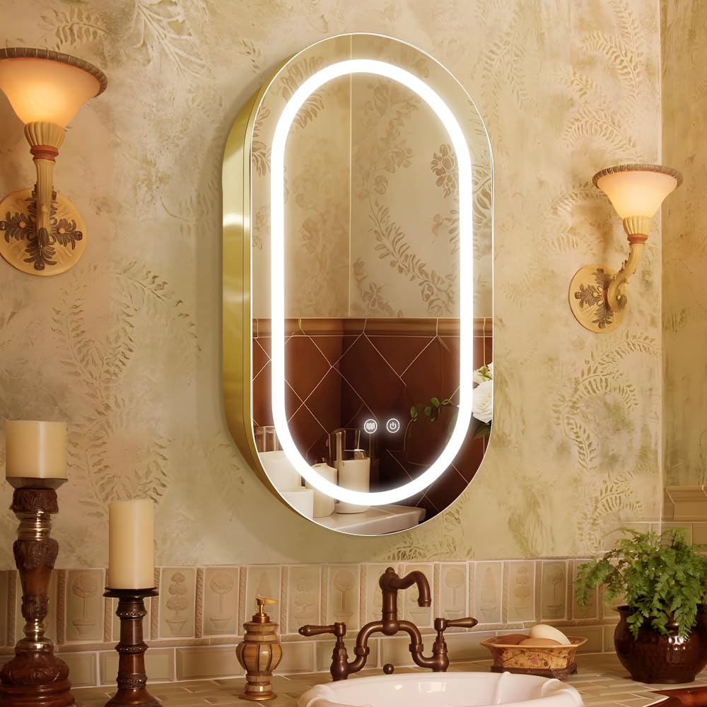 Janboe Oval Mirror Cabinet with Light,41×71cm,3 Colors&Dimmer,Defogger,Internal LIghting,Powerer Coating Iron,USB Shaver Socket,Gold