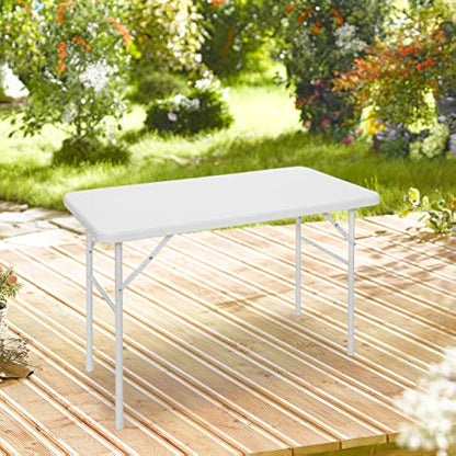 Relaxdays BASTIAN Rectangular Patio Table Folding Table 74 x 121.5 x 61 cm, Folding Table for Backyard, Balcony or Porch with Metal Frame, Rattan Look Side Table or Camping Table, White