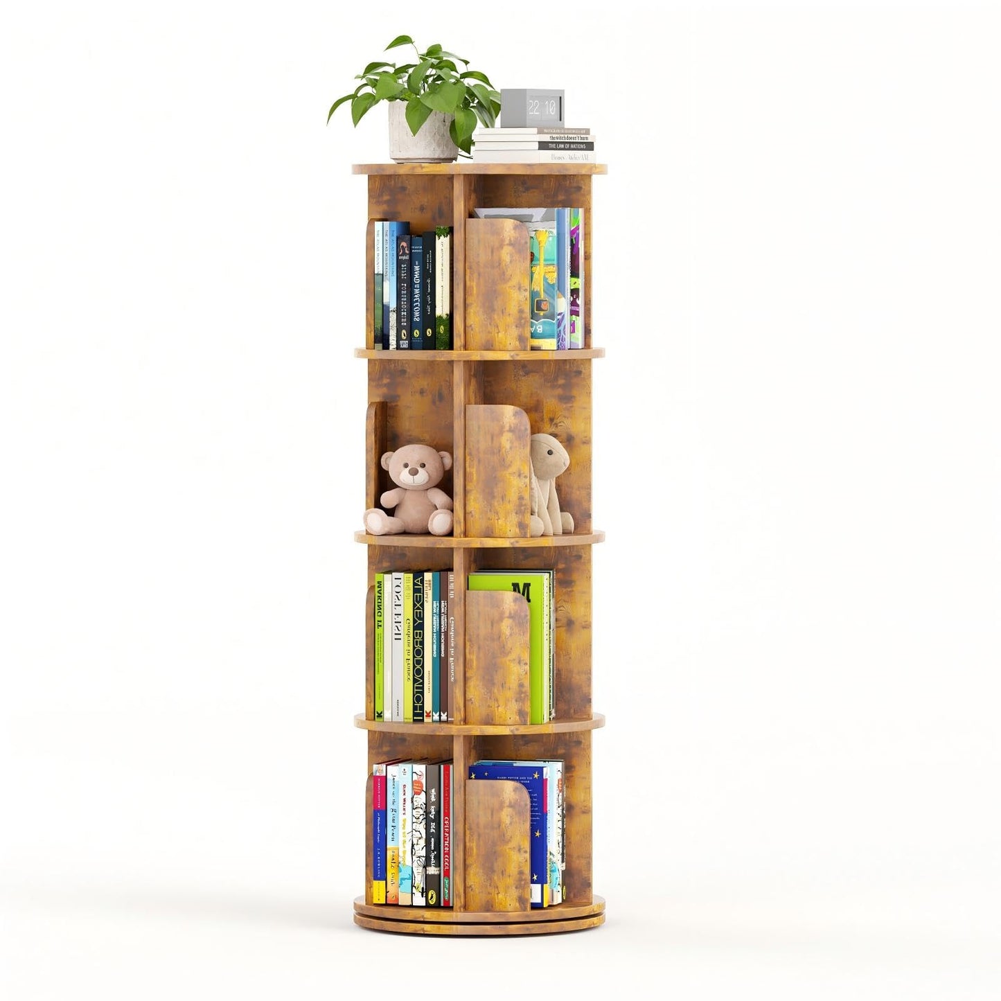 WEMANER 4-tier Rotating Kids Bookshelf, Wooden 360° Small Corner Revolving Spinning Bookcase