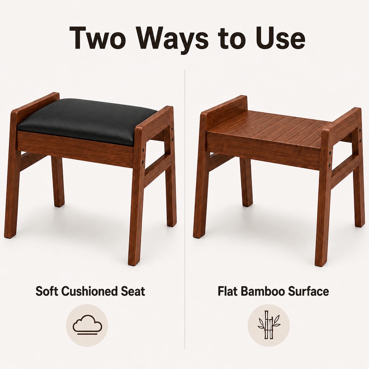 BAMBOOHOMIE Foot Stool Ottoman, Modern Vanity Stool Chair for Makeup with Removable Cushion & Side Handles