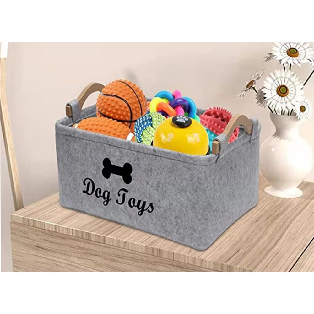 HUATEEN Personalised Dog Toy Storage Box,Large Grey Felt Toy Basket for Dogs Puppy Toy Organiser Pet Toy Storage Bin with Handles 38x25x18cm