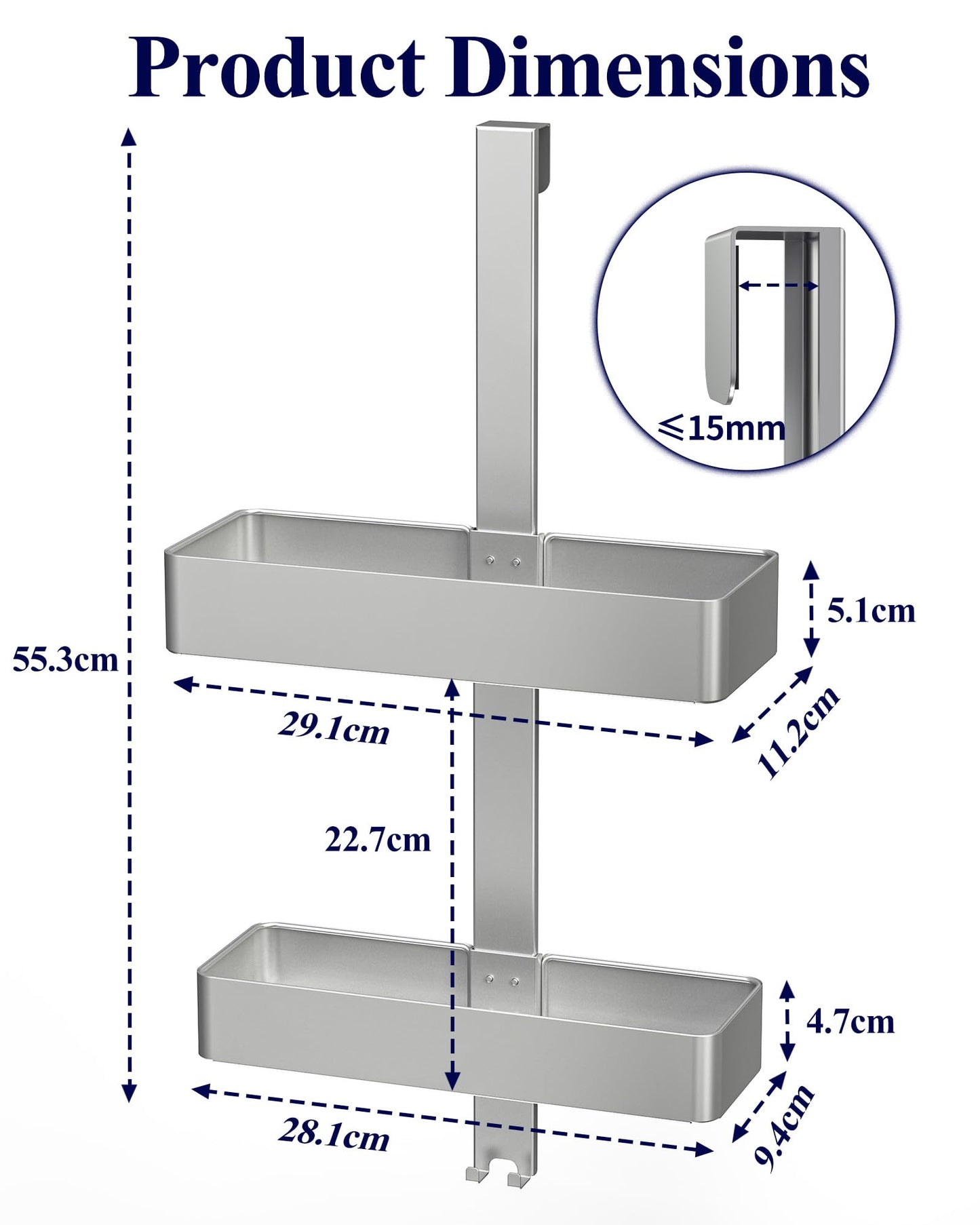 Kitsure Over Door Shower Caddy, 2-Tier Hanging Bathroom Shelf, Silver