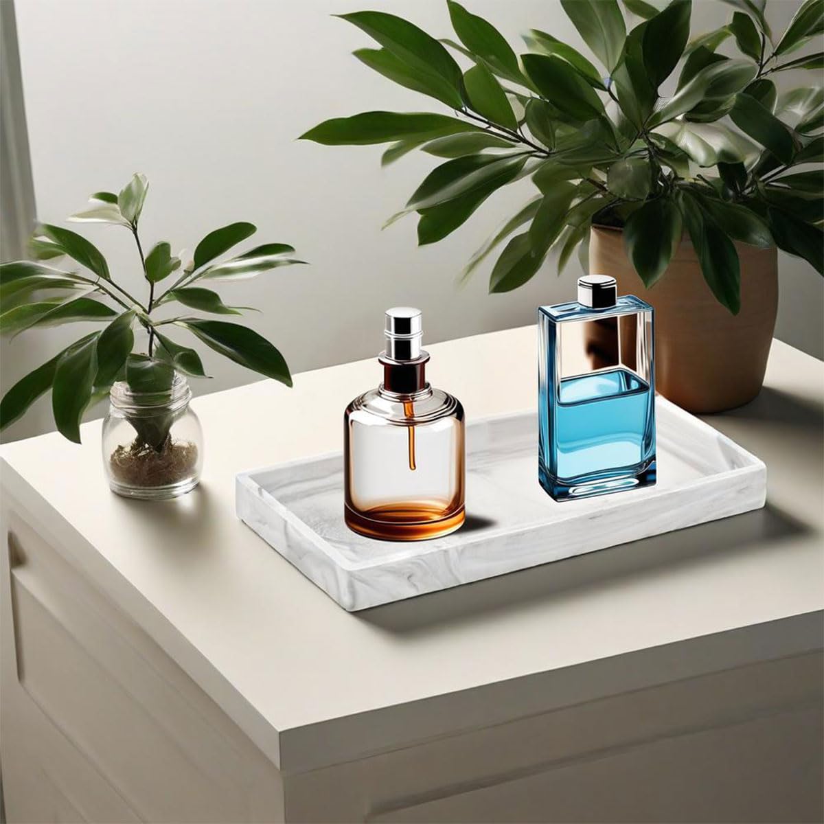 CENBEN White Marble Silicone Bathroom Vanity Tray, Rectangle Trinket Candle Tray Silicone Cosmetic Trays Dish Jewelry Trays for Soap Shampoo Perfume