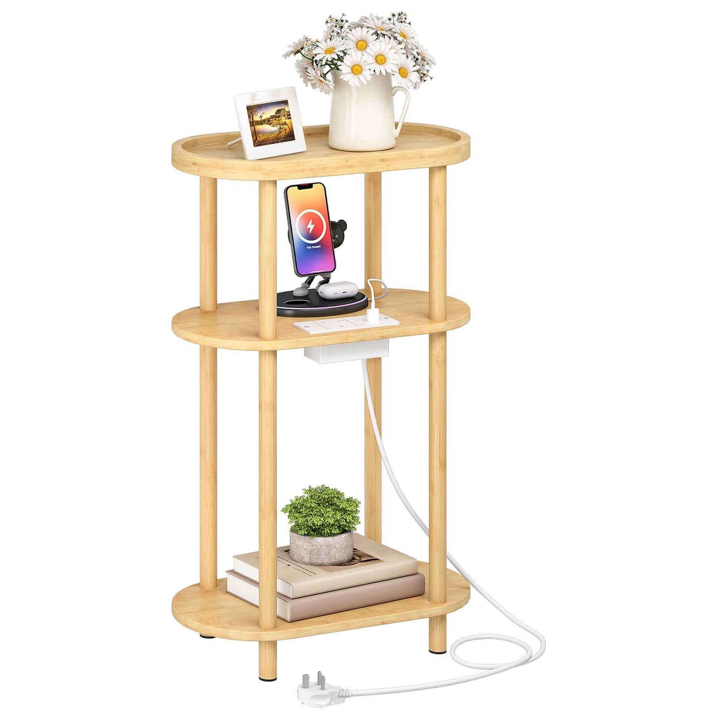HOOBRO Narrow Side Table with Charging Station, 3 Tier Bamboo Slim End Table, 40 x 20 x 66 cm Narrow Bedside Table, Sofa Side Table, for Living Room