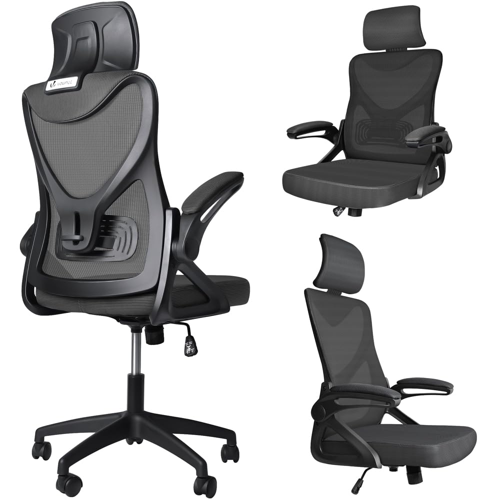 VOUNOT® Ergonomic Office Chair, High Back Mesh Desk Chair with Adjustable Lumbar Support & Headrest, Swivel Computer Chair for Home Office, Black
