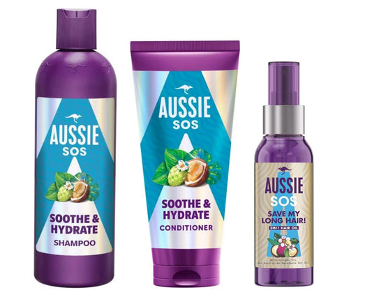 "Aussie SOS Soothe & Hydrate Bundle contains Shampoo 300ml, Conditioner 200ml & Aussie SOS Save My Lengths 3 in 1 Hair Oil 100ml, Leaving It Soft,