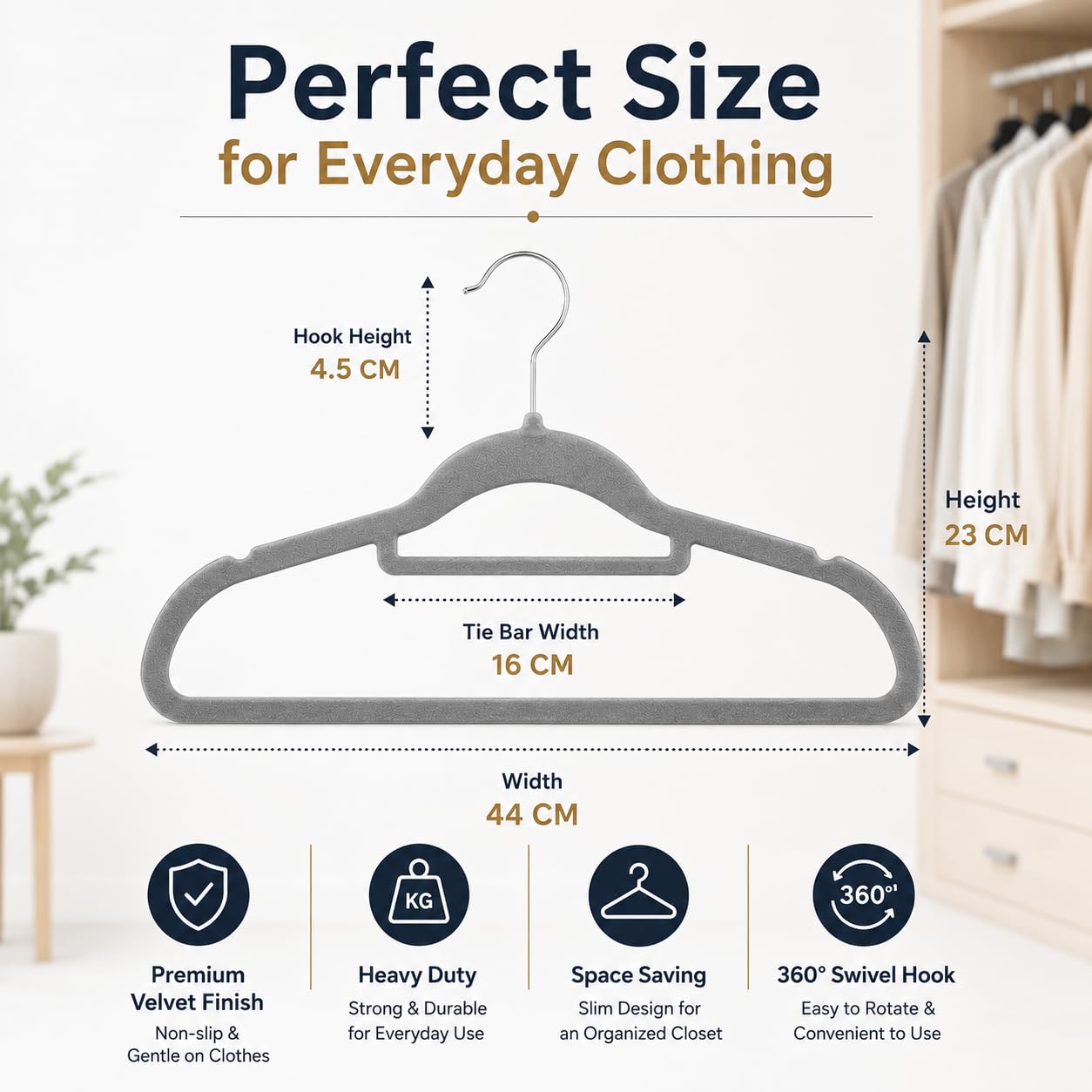 1ABOVE Premium Quality 20 pack Non-Slip Velvet Hangers (44cm) Heavy Duty Velvet Suit Hangers with Tie Bar, 360° Swivel Hooks – Space saving