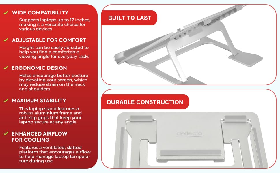 Deflecto Portable Lightweight Aluminium Laptop Stand suitable for laptops up to 17" in Silver