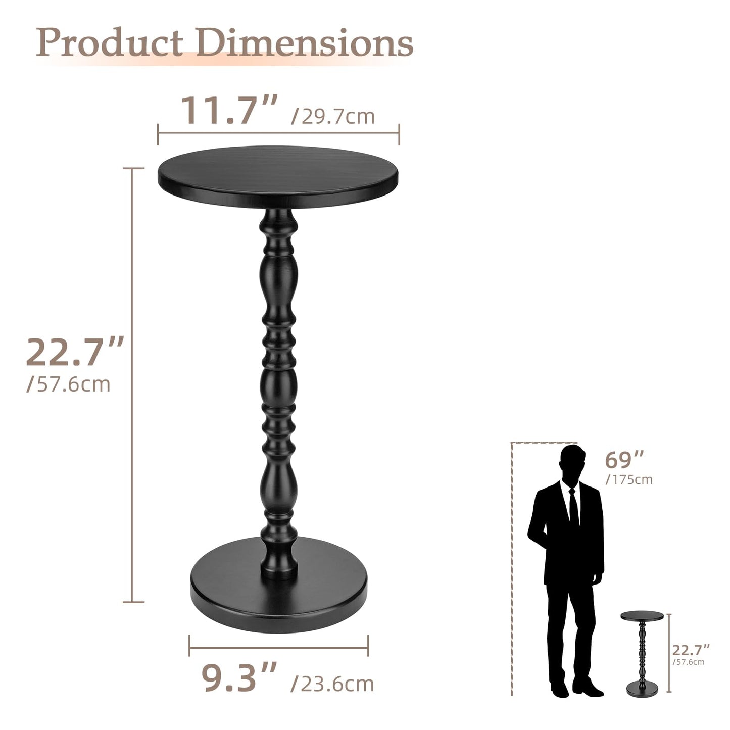Junistra Round Drink Table, Small Pine Wood Sculpted Pedestal Side Table for Sofa, Living Room, Bedroom and Small Spaces, Black