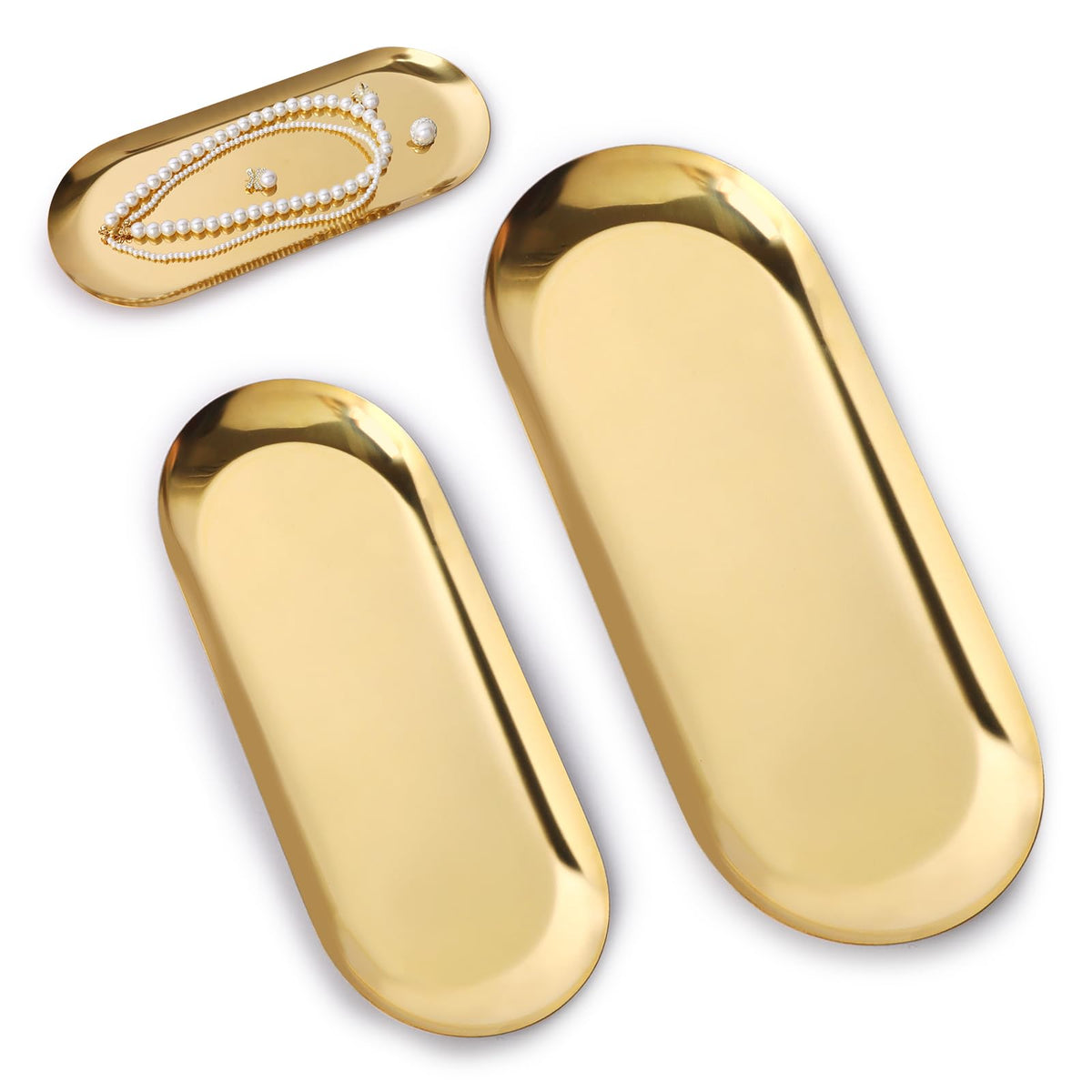 Minicoco 2PCS Oval Tray Stainless Steel Jewellery Cosmetic Tray Perfume Candle Holder Decorative Tea Fruit Key Bowl Gold
