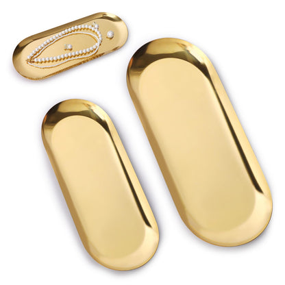 Minicoco 2PCS Oval Tray Stainless Steel Jewellery Cosmetic Tray Perfume Candle Holder Decorative Tea Fruit Key Bowl Gold