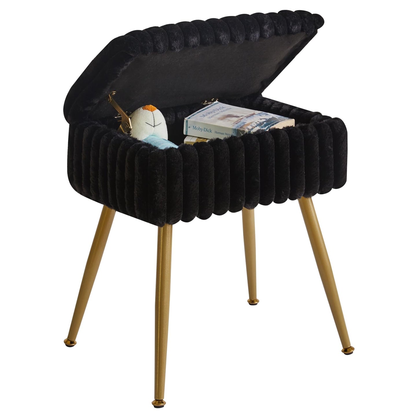 Aibiju Velvet Dressing Table Stool, Rectangular Vanity Stool with Storange, Make up Chair with 4 Metal Legs for Makeup Room, Bedroom, Black YD-MS151B
