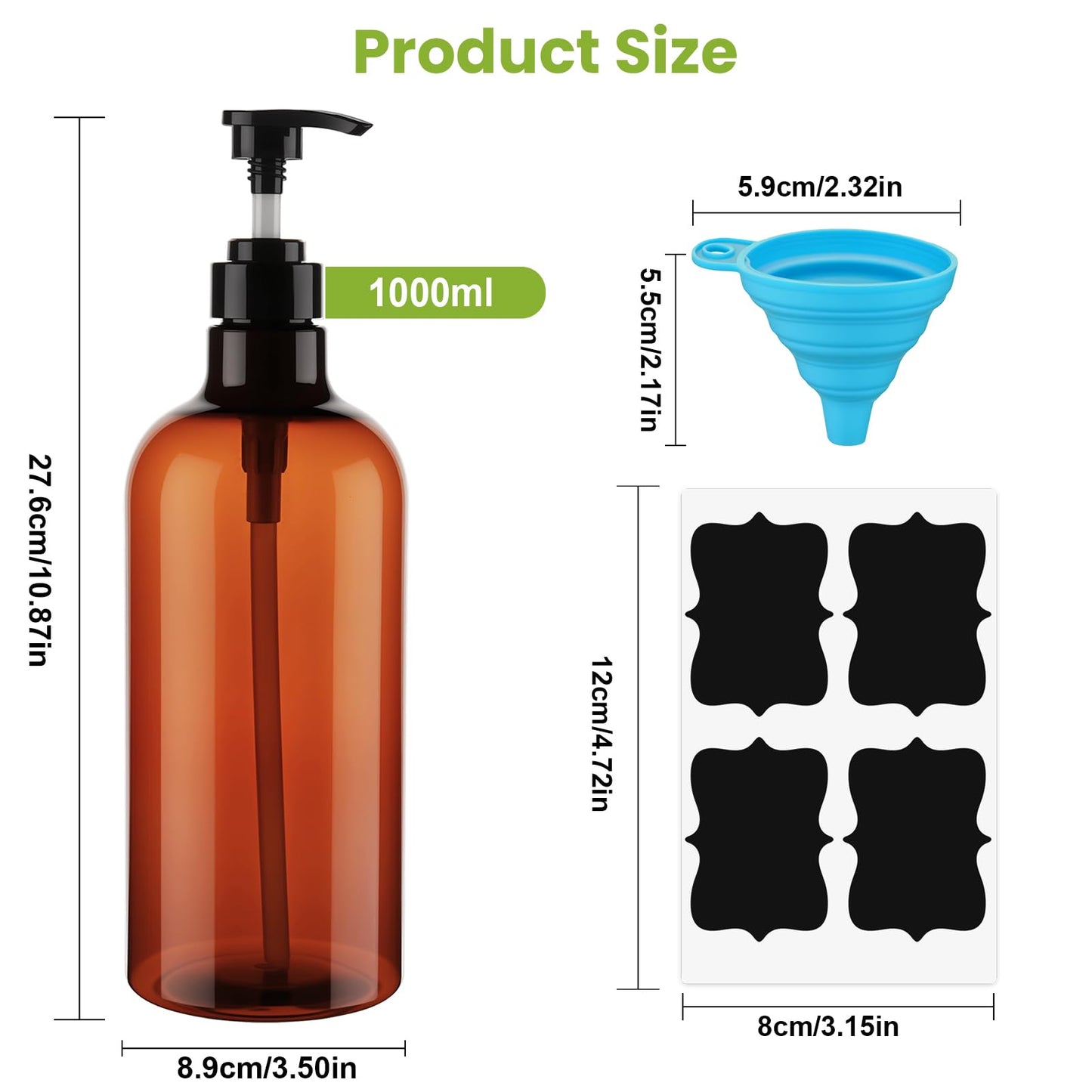 Decorniqu Pump Bottle Dispenser 1000ml 2 Pcs Refillable Plastic Press Pump Bottles Large Empty Liquid Hand Dish Soap Dispensers with Funnel and