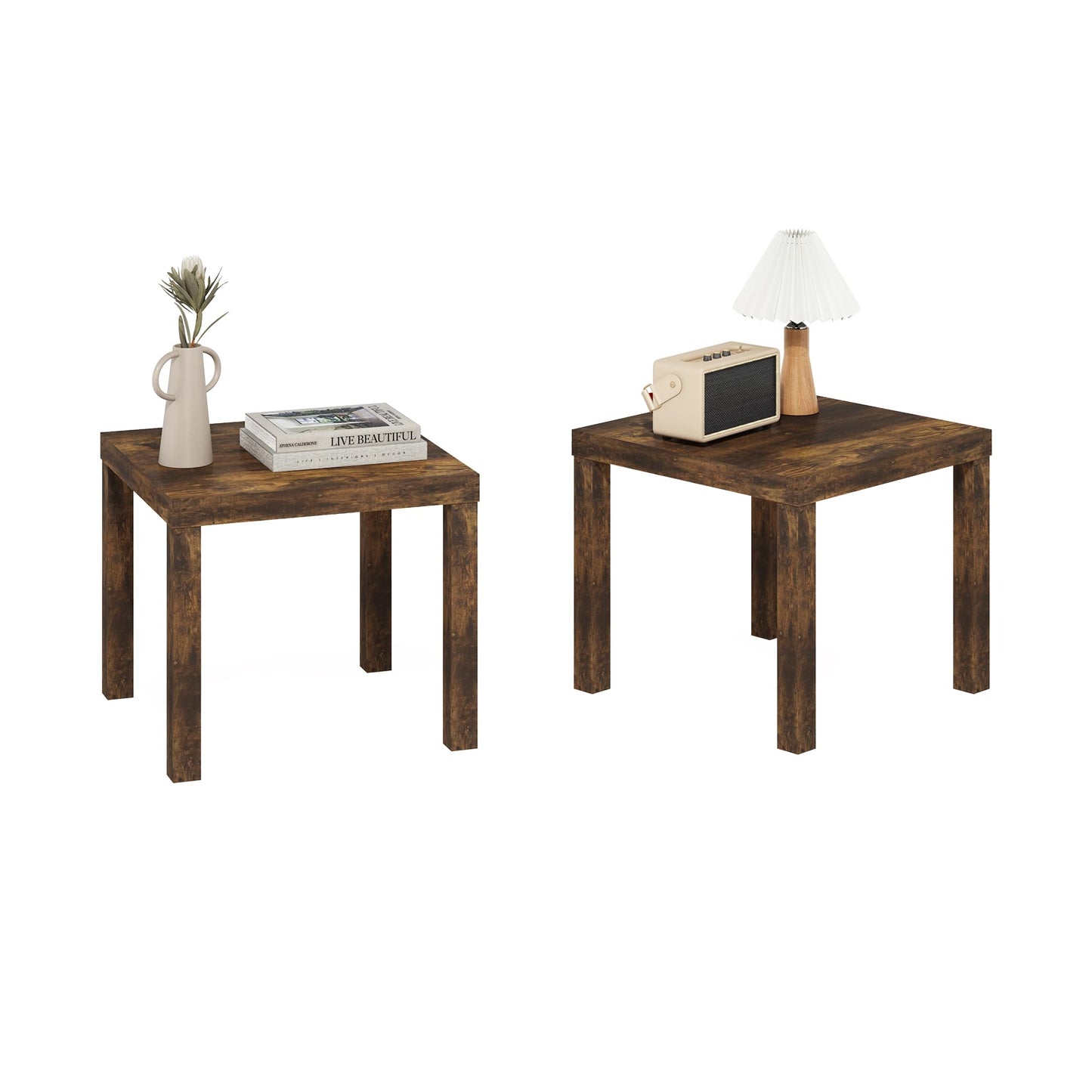 Furinno CLASSIC Side Table Set of 2, Square End Table with 1.8 Thick Tabletop, Night Stand, Bedside Table, for Living Room, Bedroom, Amber Pine