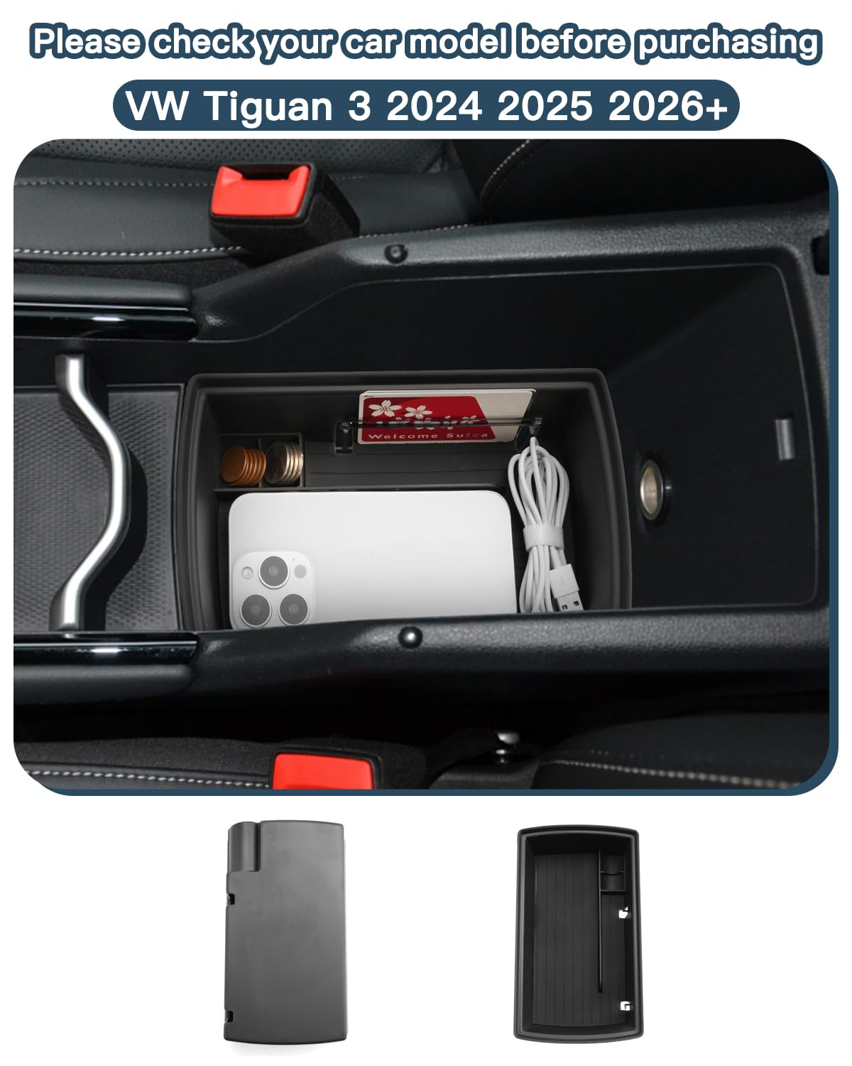 Ruiya Compatible with New VW Tiguan 3 2024 2025 2026 Centre Console Storage Box, Tiguan 3 Armrest Organizer Tray Centre Console Organizer Centre