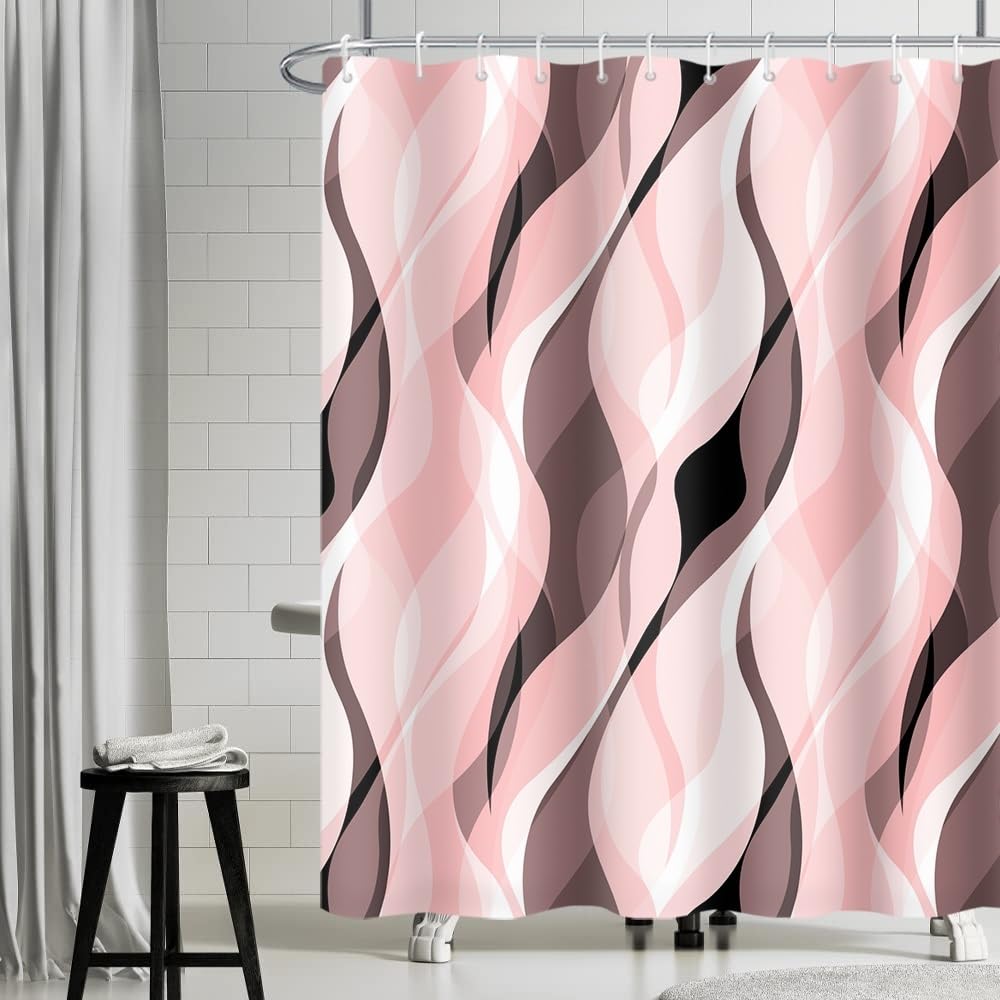 Uiiooazy Pastel Pink Shower Curtain, Abstract Striped Geometric Lines Bath Curtain Anti-Mould Waterproof Washable Polyester Fabric Bath Curtain with
