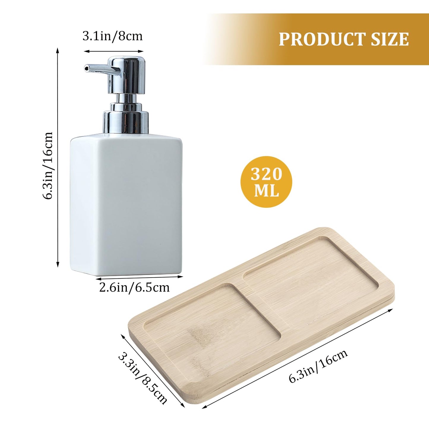 White Ceramic Bathroom Set with Wood Tray | Includes 320ml Soap Dispenser & Tumbler | Luxury Bathroom Accessories & Decor