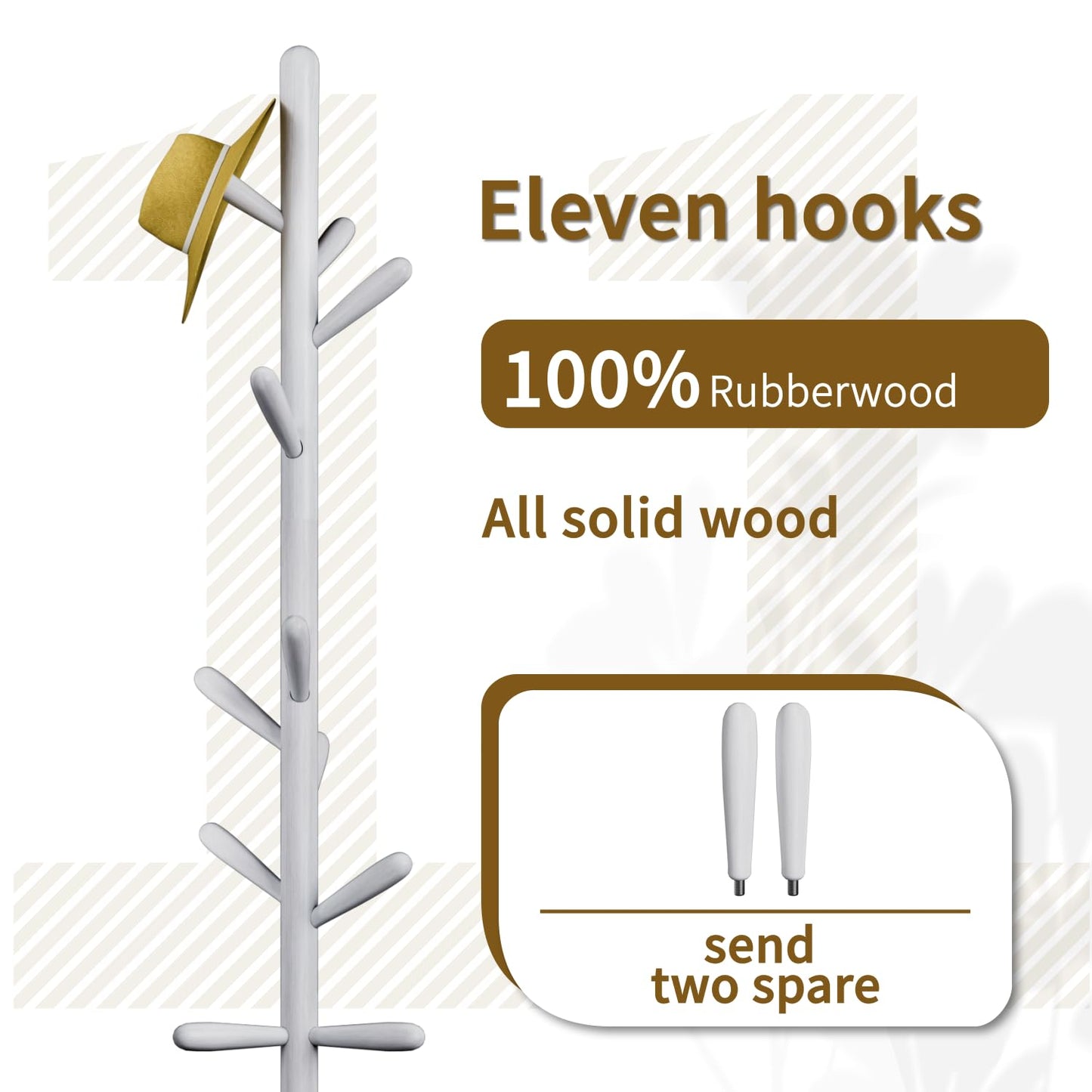 Solid Wood Coat Rack, Freestanding Tree-Shaped Coat Rack with 11 Hooks, Main Pole 1.6" dia for Clothes, Hat Stand Used in Bedroom/Office/Entryway
