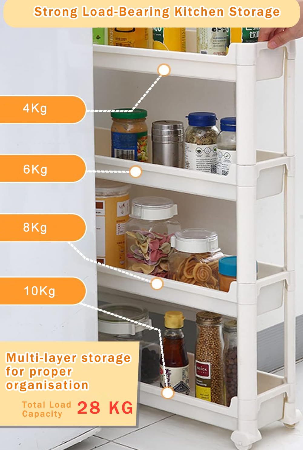 Gelory 4 Tier Slim Storage Cart Slide Out Kitchen Trolley, Mobile Storage Shelving Organizer Cart for Kitchen Bathroom Laundry Office