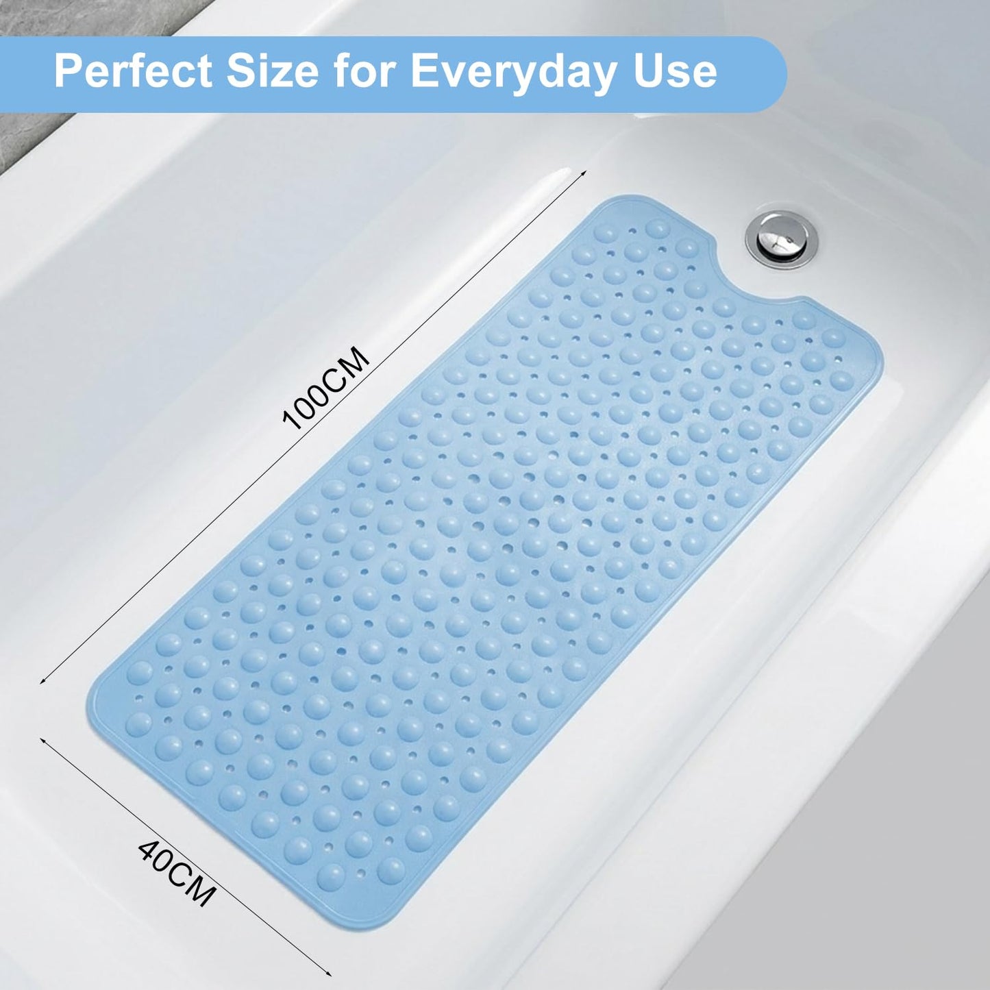 Myouhuo Non Slip Bath Mat for Tub, 100 x 40cm Extra Long Shower Mat Anti Mould, Machine Washable Bathroom Bathtub Mat with Suction Cups and Drain