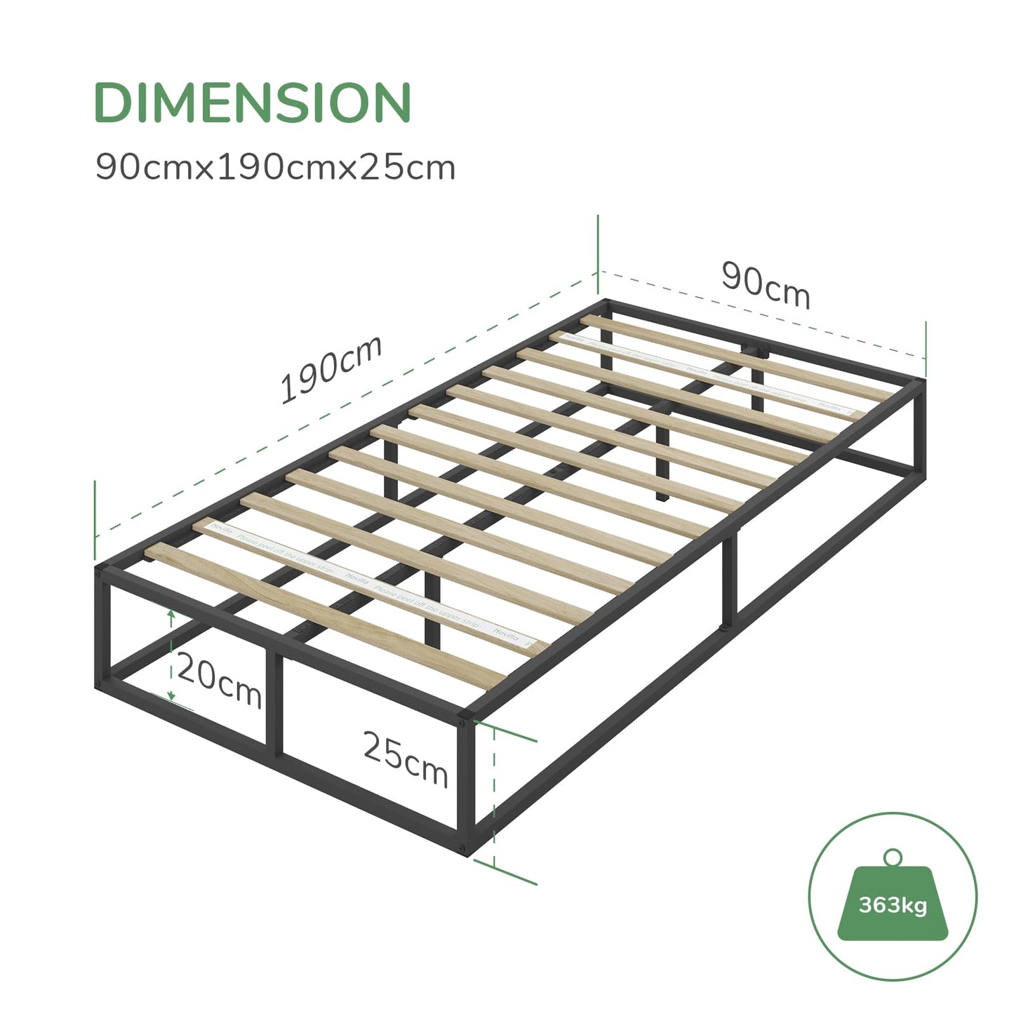 Novilla 25cm Metal Single Bed Frame, Platform Bed Frame, Engineered Wood Slat Support, Mattress Foundation, Easy Assembly, 90x190cm, Black