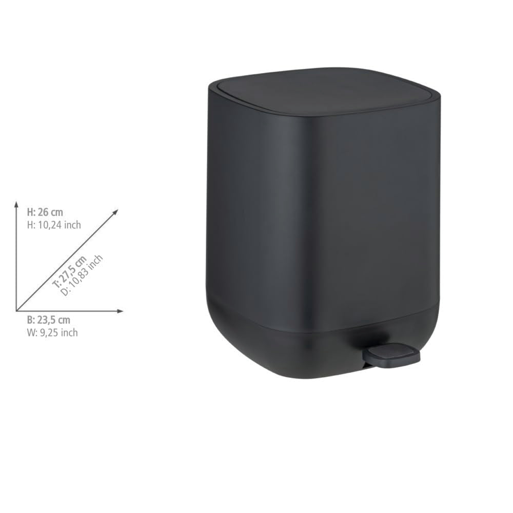 WENKO Davos Pedal Bin,5 Litres,Puristic Cosmetic Bin with Easy-Close Mechanism,Bathroom Accessory in Trendy All-Black Design in Bathroom and Guest