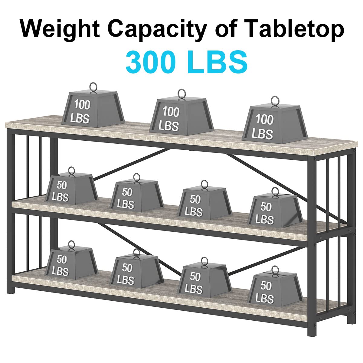 IBF Low Long Horizontal Bookshelf, Industrial Modern 3 Tier Etagere Bookcase, Large Wide Open Rustic Metal and Wood Grey Book Shelf for Bedroom