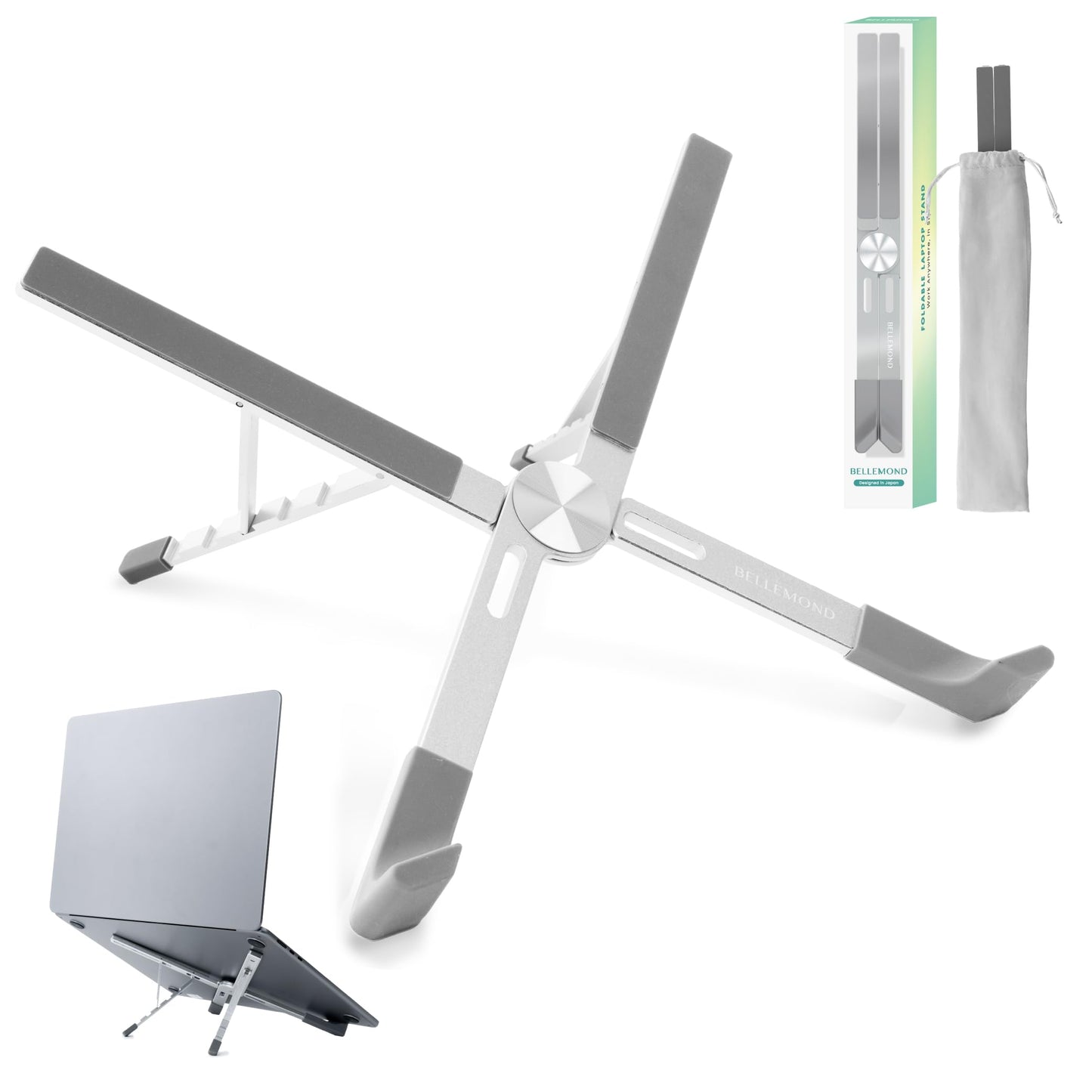 BELLEMOND Adjustable Laptop Stand | Foldable Aluminum Riser | X-Frame Ergonomic Japanese Design | Fits MacBook Pro/Air, Dell