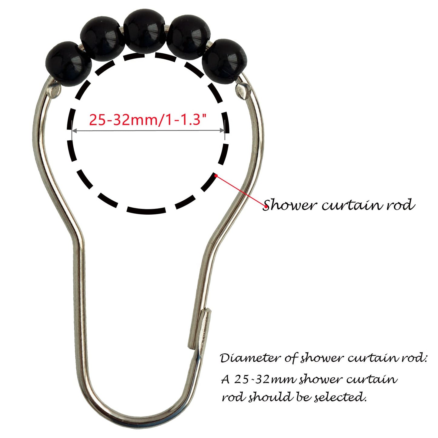 Shower Curtain Hooks Rings Stainless Steel Shower Hooks Black Acrylic roller Balls Rustproof Heavy Duty for Bathroom Curtain(Black)