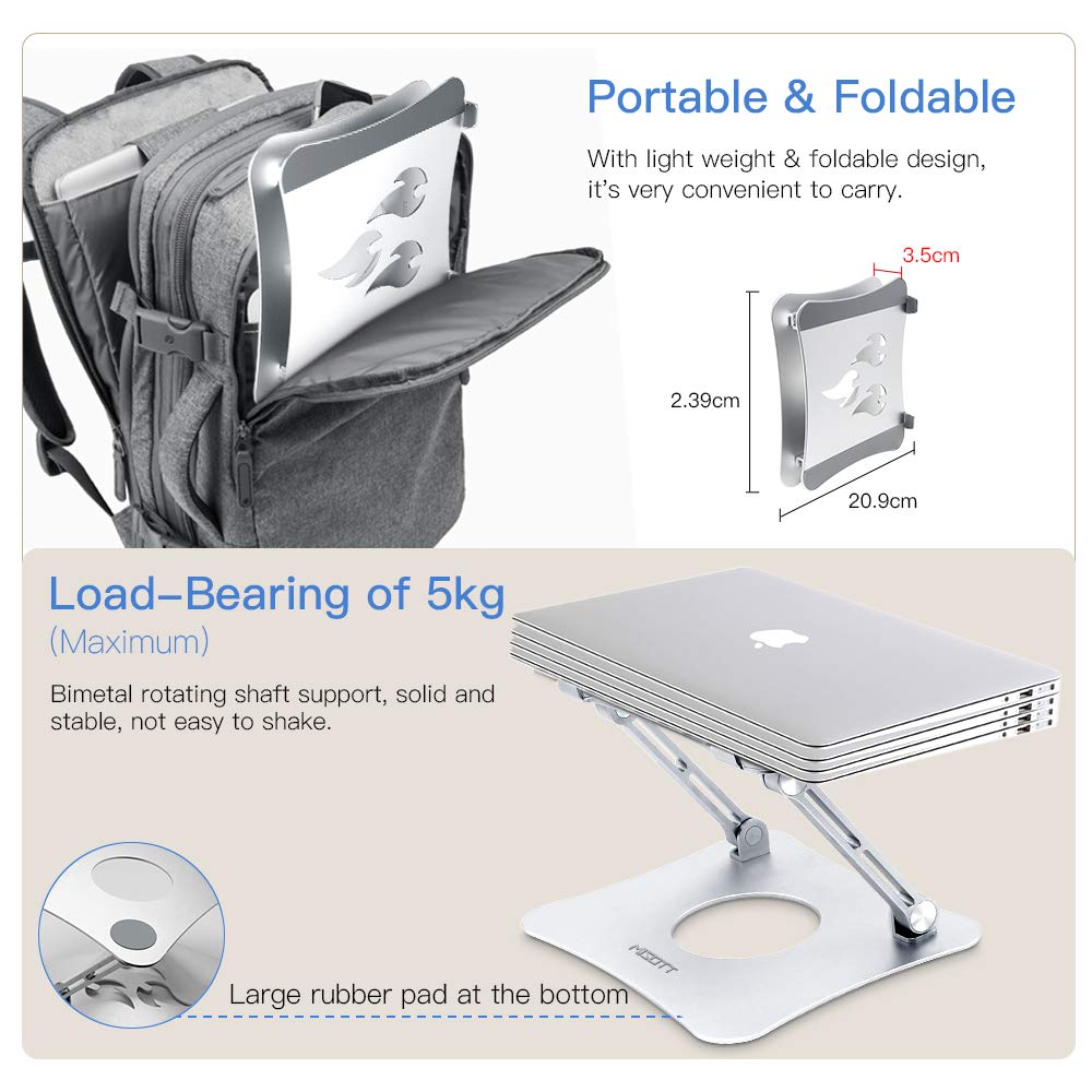 MISOTT Laptop Stand, Ergonomic Adjustable Laptop Riser, Computer Stand for 10-15.6" Laptops and Tablets (Aluminum, Silver)