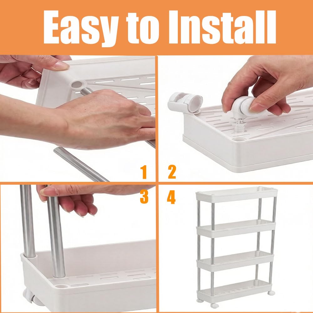 3-Tier Narrow Slim Storage Trolley Cart Slide-out Utility Mobile Shelving Space Organizer Shelf Rack Storage Cart on Wheels for Kitchen Bathroom