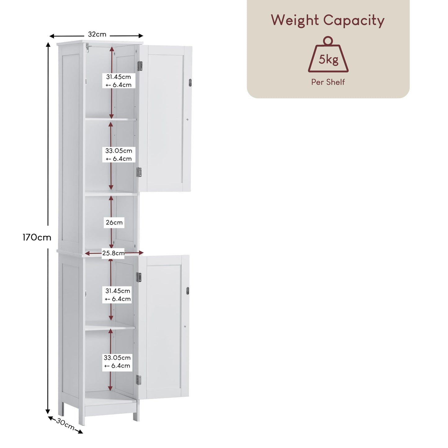 Bath Vida Priano Freestanding 2 Door Tall Storage Cabinet, White