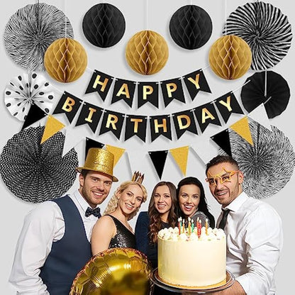Black Gold Birthday Decorations Kit Reusable Mens Birthday Party Decorations Reusable Black & Gold Banner Bunting Honeycomb by Wonsta
