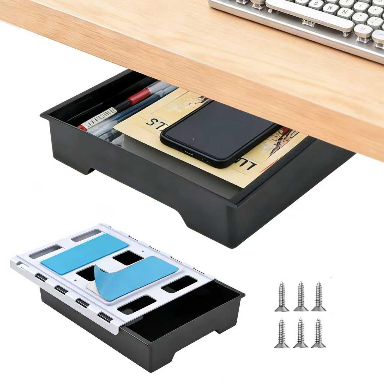 Hi-ERA 10.91"x 8.23" Under Desk Drawer Storage Organizer, Durable PC Material Self-Adhesive with Slide Out Rail