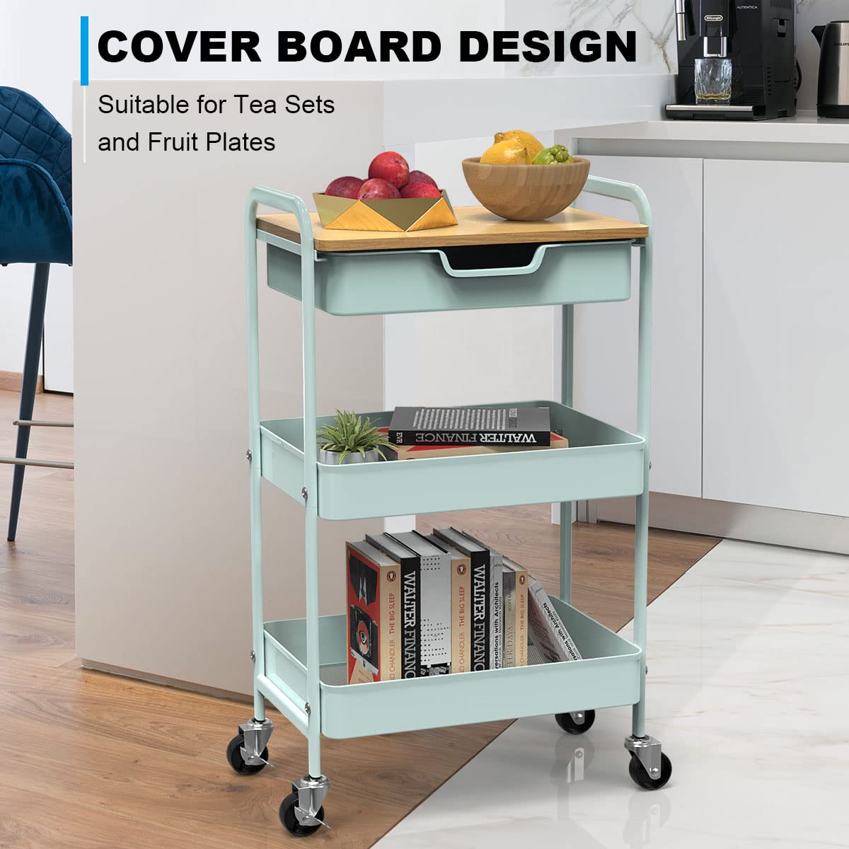 Shrivee 3-Tier Storage Trolley on Wheels and Drawer, All-Purpose Metal Uses Trolley for Office Salon Kitchen Bathroom Office(Green)