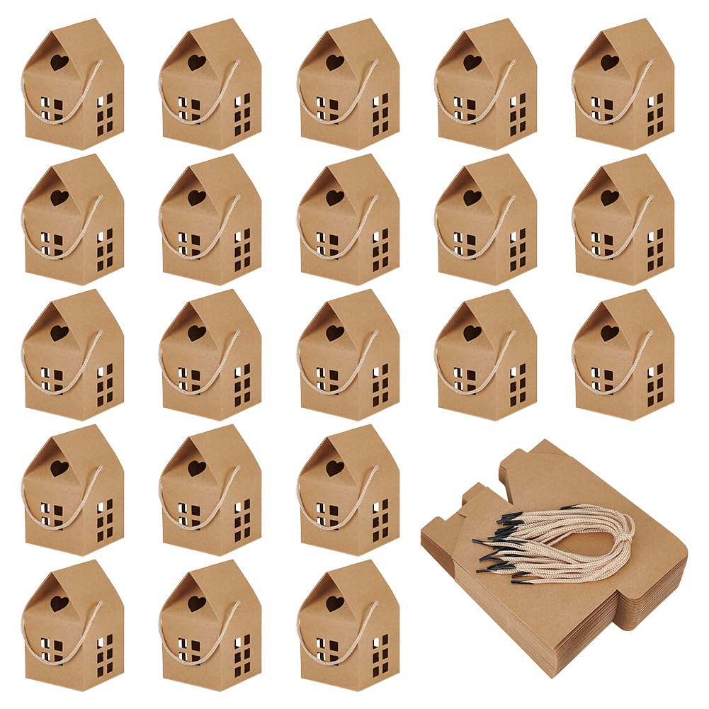 BENECREAT 50 Pack House Gift Boxes with Rope Handle, 3x3x5 Inch/ 8x8x12.8cm Brown Paper Folding Gift Box for Wedding Party Favors