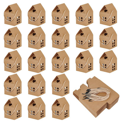 BENECREAT 50 Pack House Gift Boxes with Rope Handle, 3x3x5 Inch/ 8x8x12.8cm Brown Paper Folding Gift Box for Wedding Party Favors