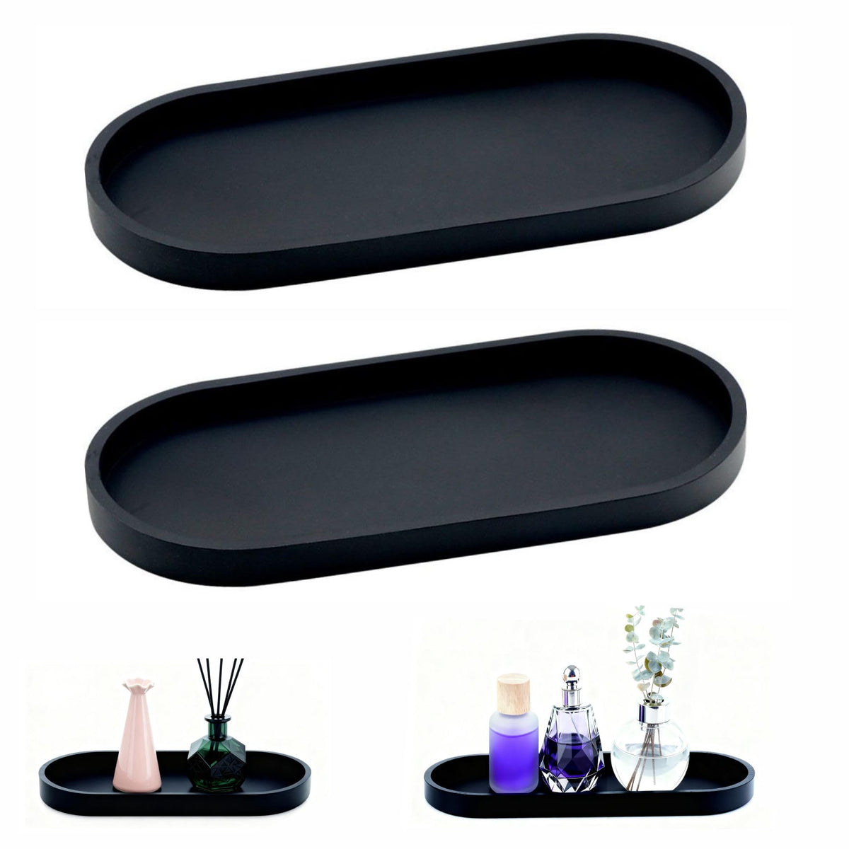TAIVIN 2 Pcs Bathroom Tray, Black Silicone Vanity Tray,25x11x2 cm