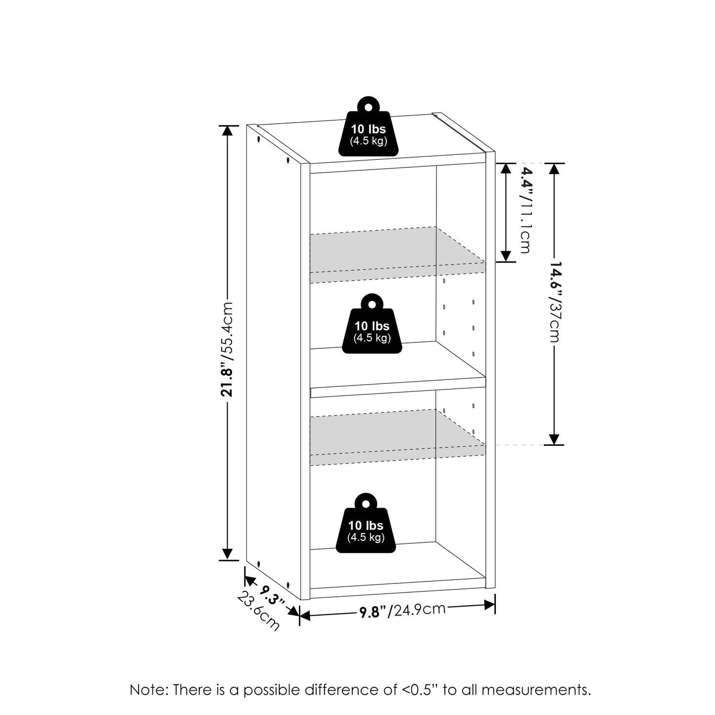 Furinno FULDA Book Shelf, 2-Tier Narrow Bookshelf, Bookcase with 10-In Width Storage Shelf, 9.3 x 9.8 x 21.2, for Living Room, Bedroom, Home Office