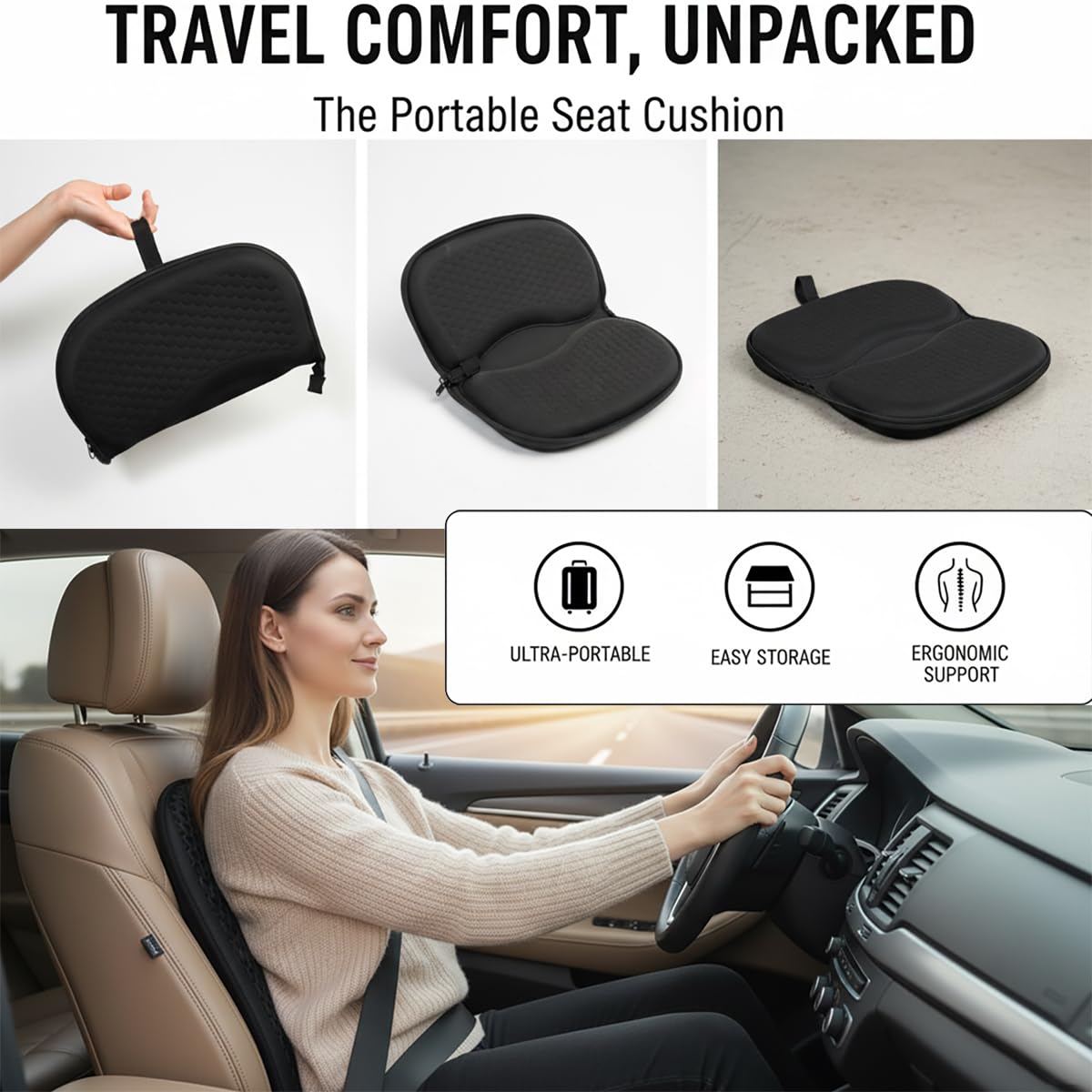 masteymoh Foldable Honeycomb Seat Cushion, Small Portable Gel Seat Cushion for Travel, Butt Pillow for Back Pain Relief, Sciatica Black